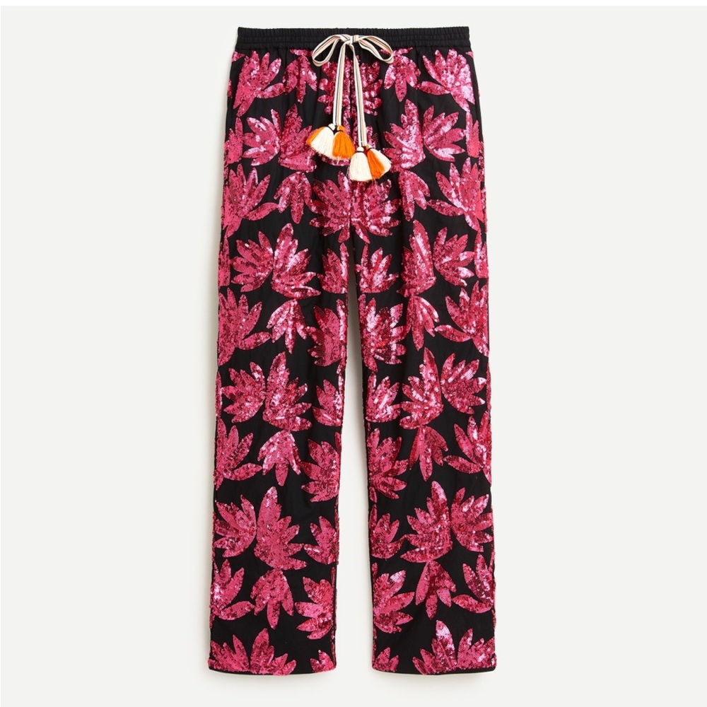 Women's Black Wide-Leg Sequin Leaf Pants - Pink Floral